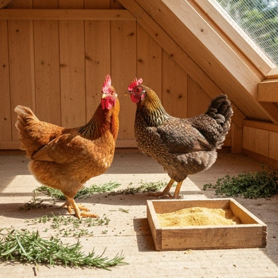 Happy chickens in a clean coop with natural pest control elements like herbs and wood ash