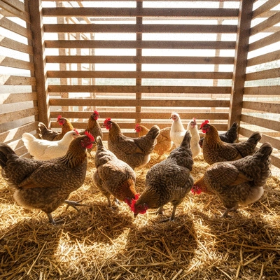 Chicken coop with dry bedding and happy chickens