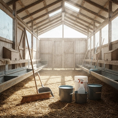 Chicken coop being cleaned with tools and supplies