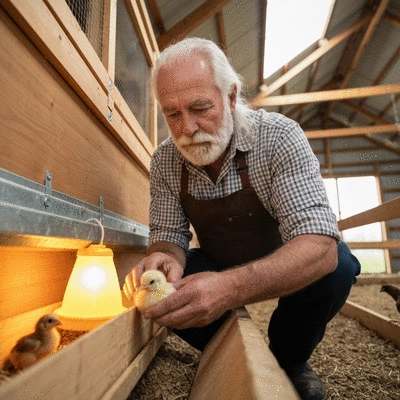 Hand checking a chicken coop vent for blockages, bright and clean environment, no text, no words, no typography, no labels, clean image